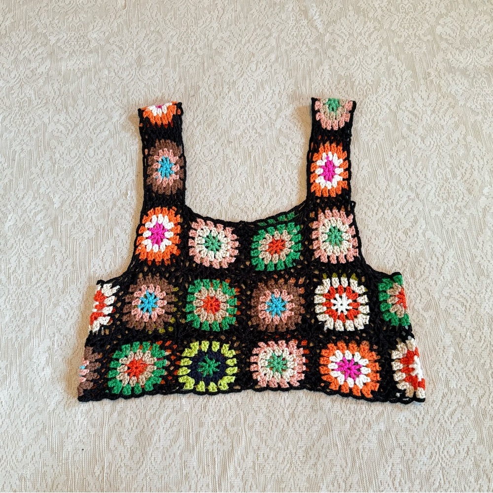 Crochet granny square multicolor cropped tank top